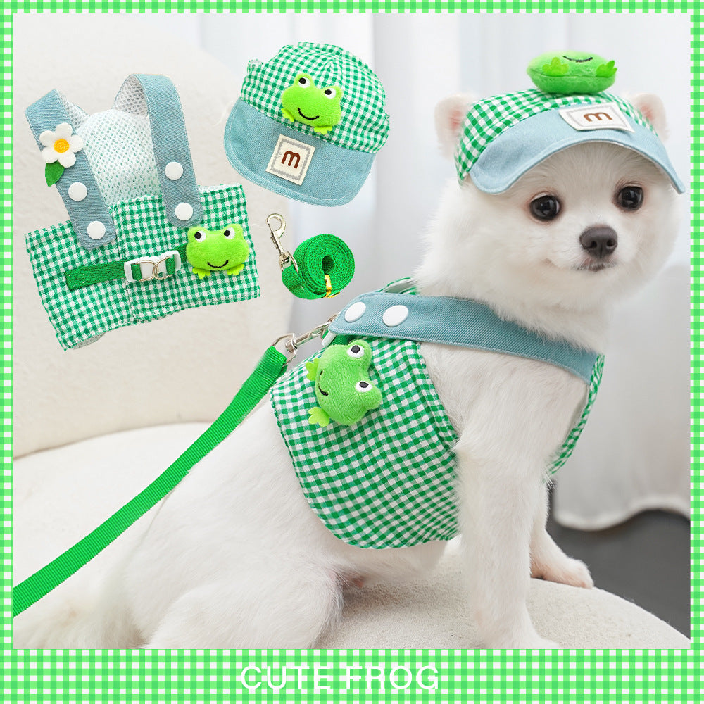Spring Summer Pet Chest Strap Leash Set Frog Design Outing Clothes For Small Dogs And Cats Traveling Accessories Cotton Material